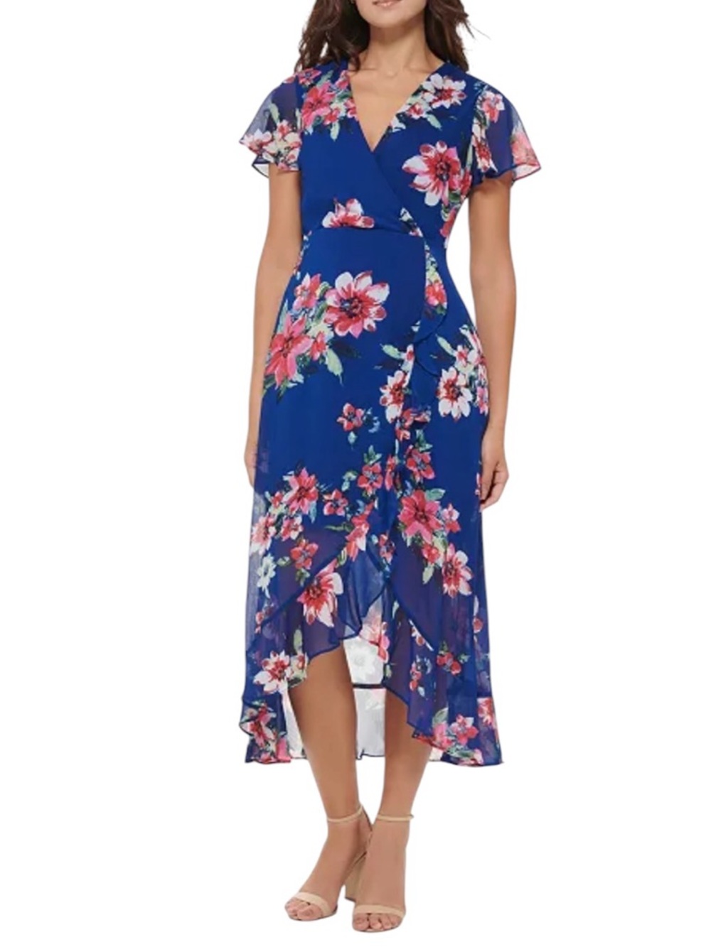 Kensie Women's Floral-Print Flutter-Sleeve Faux-Wrap Maxi Dress Size 4 Blue